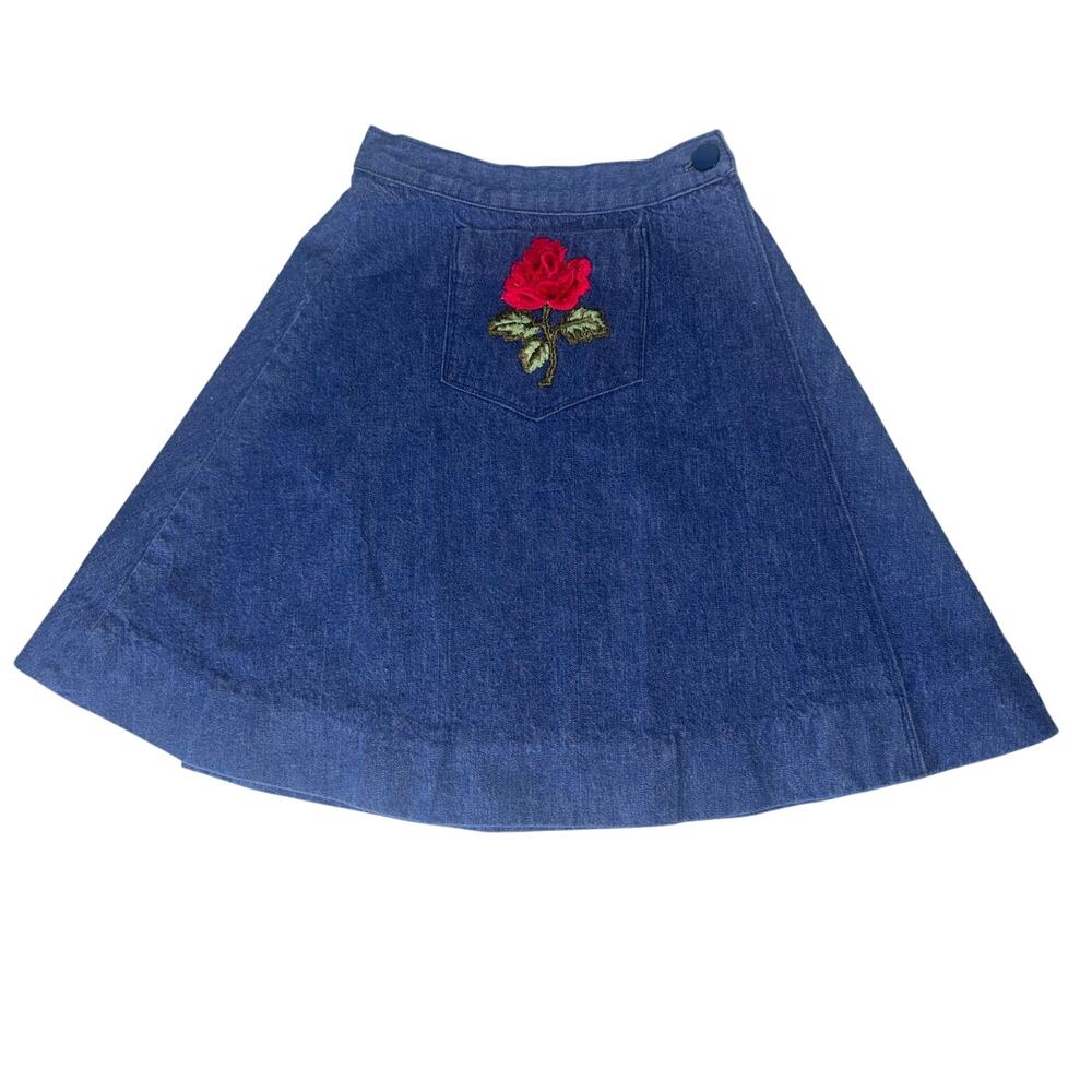 Vintage Denim Jean Wrap Skirt Embroidered Red Rose Women XS Cottagecore Floral